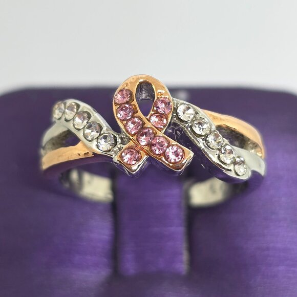 Pink Breast Cancer Awareness Ribbon Rose Gold Silver Rhodium Plated Ring SZ 7 - Picture 4 of 17